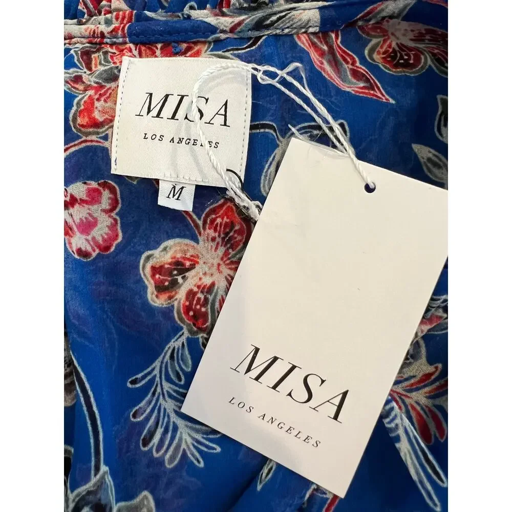 Misa LA Dominque Chiffon Smocked Tiered Mini Dress Blue Floral Print M